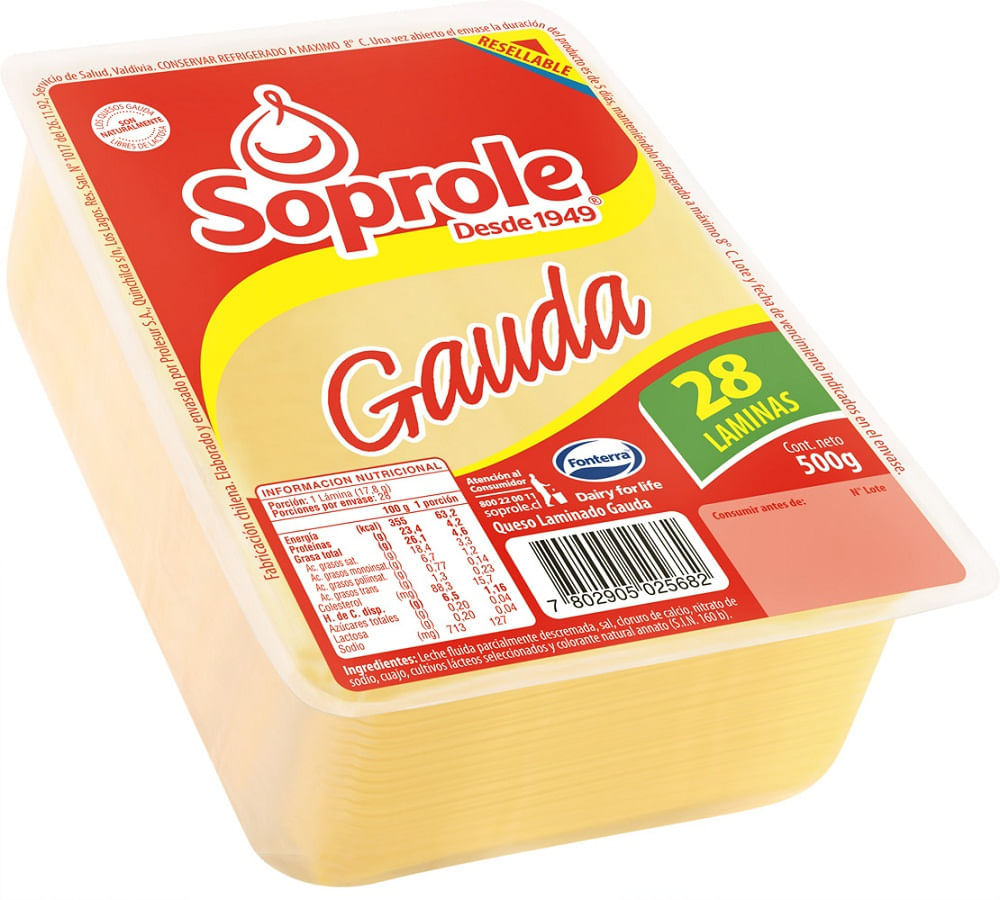 Queso gauda laminado Soprole 500 g