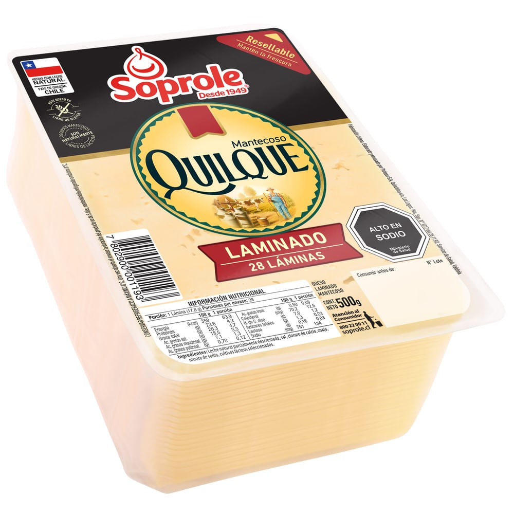 Queso mantecoso Quilque soprole laminado 500 g